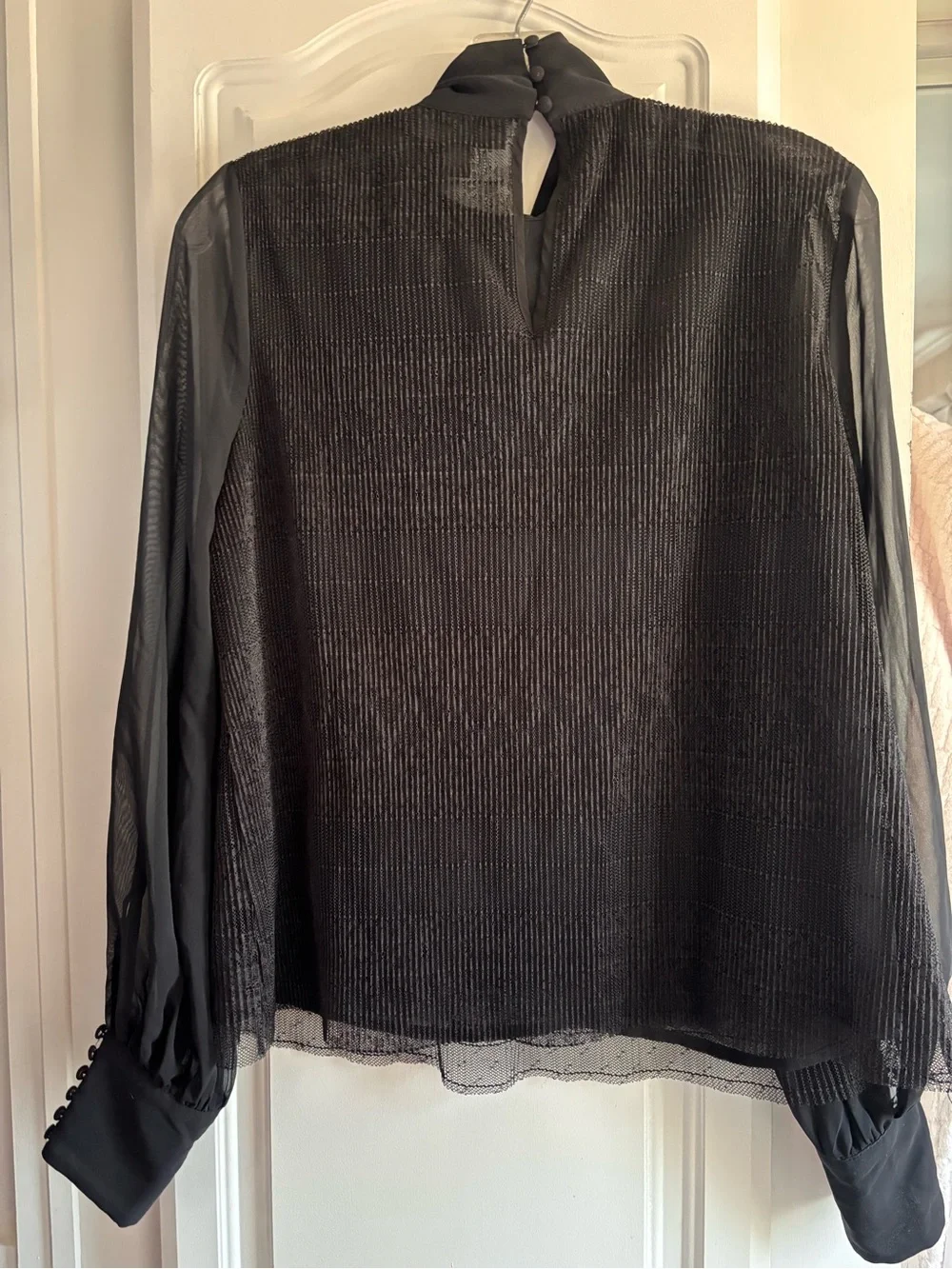 Grace Black Sheer Tie-Neck Blouse with Textured Bodice